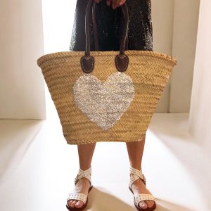 STRAW BAG TOTE – BLACK & SILVER SEQUIN HEARTS LARGE