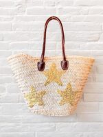 STRAW BAG TOTE – GOLD SEQUIN STARS